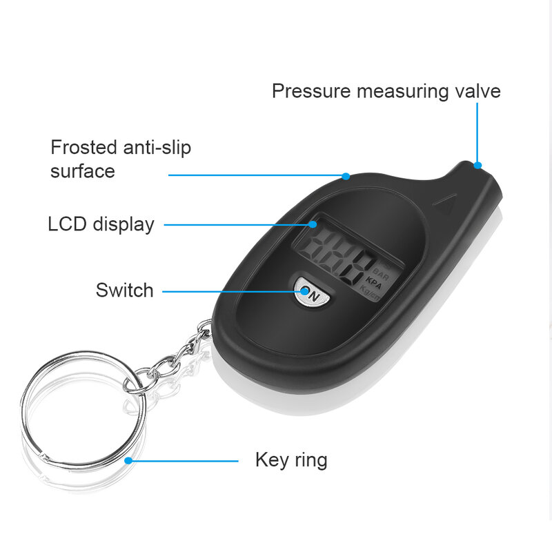 شريط قياس الضغط الإطارات ضغط الهواء اختبار متر شاشة ديجيتال ، قياس ضغط الإطارات المحمولة سلسلة مفاتيح صغيرة نمط PSI ، Kpa
