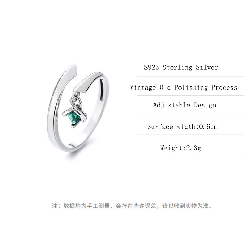 S925 فضة المرأة افتتاح حلقة النسخة الكورية هوب الأخضر الزركون قلادة صغيرة قابل للتعديل خواتم فاخرة مجوهرات 925