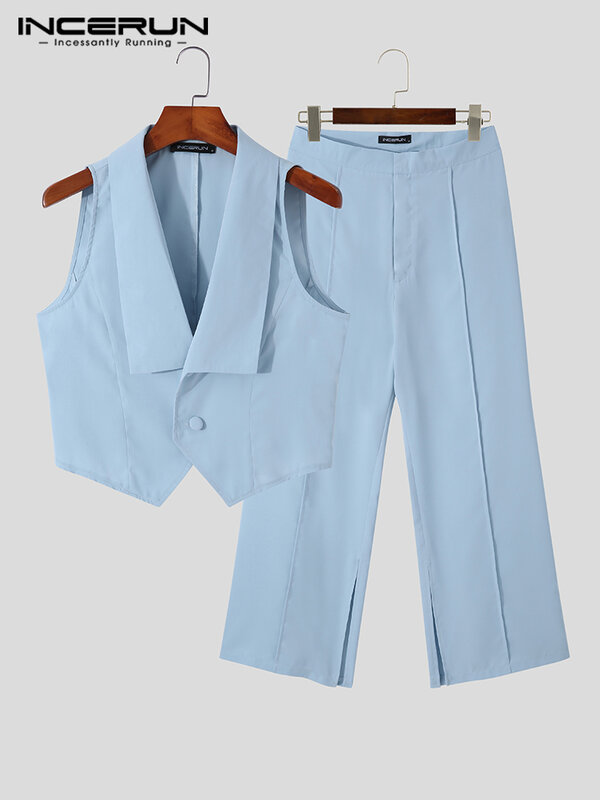 Men Sets Solid 2022 Lapel Sleeveless Vests & Wide Leg Pants Two Pieces Sets Streetwear Fashion Men Casual Suits S-5XL INCERUN