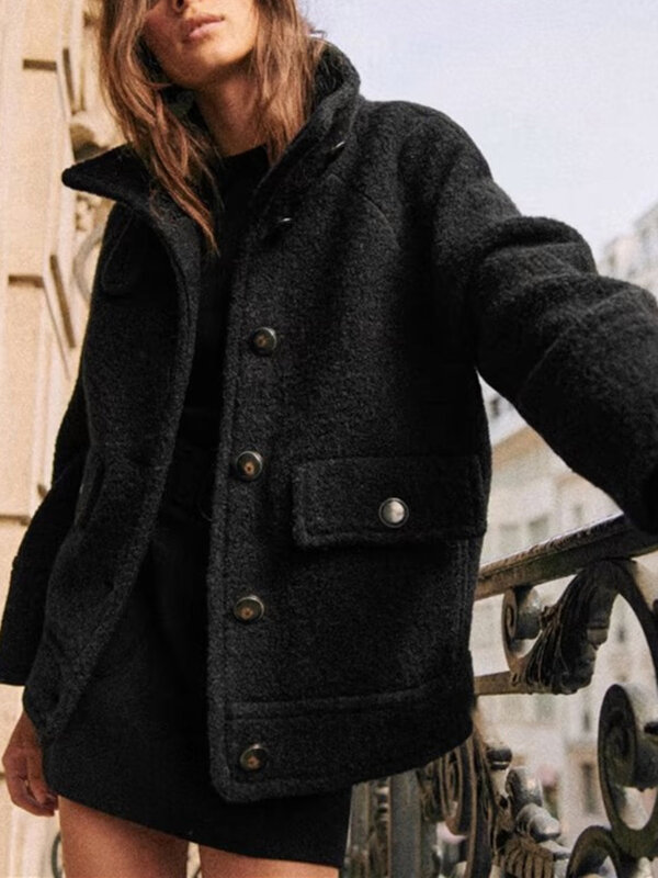 Women Black Turtleneck Woolen Coat Temperament Straight Single Breasted Pockets Winter Jacket