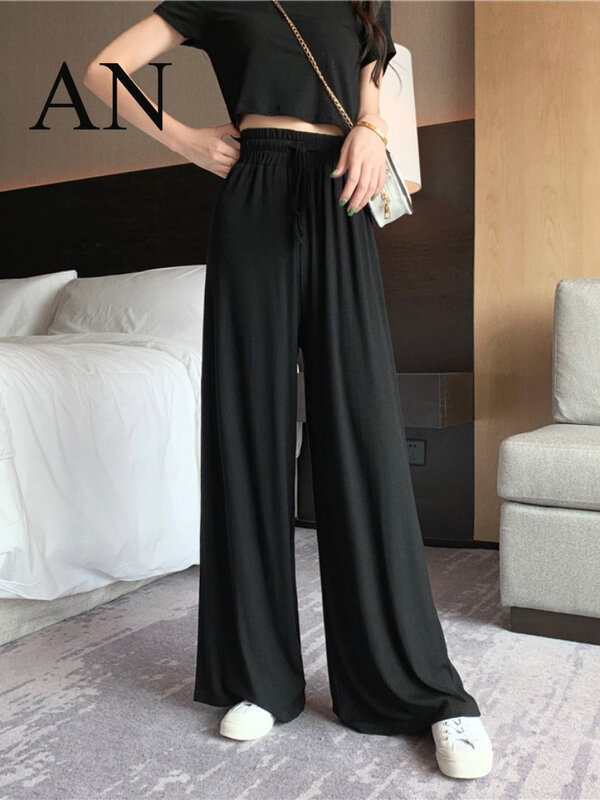 NewSolid Color Slim Short Belly Button Short Sleeve T-shirt Female+elastic High Waist Wide Leg Pants Casual Pants Two-piece Suit