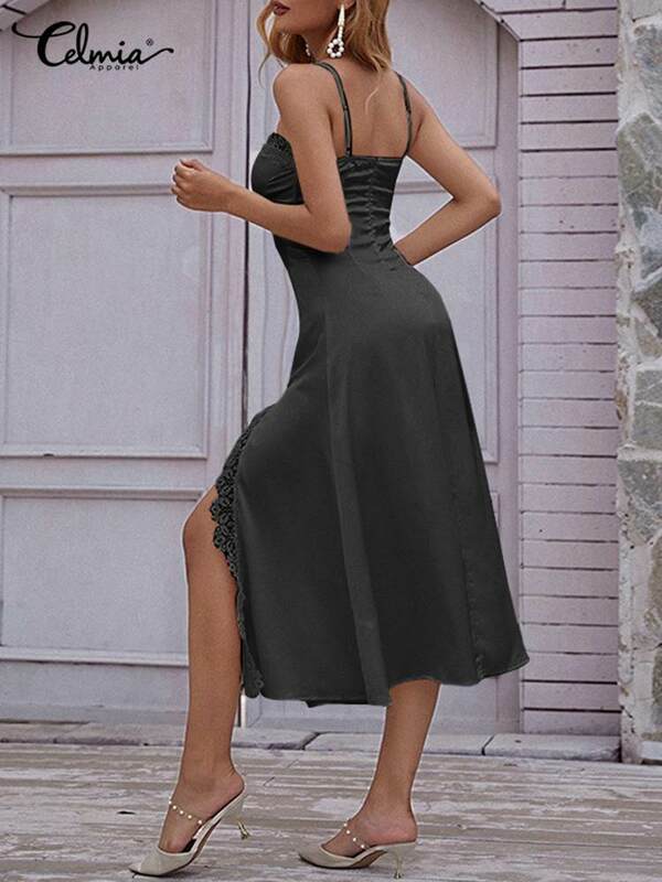 Celmia Women Spaghetti Strap Sleepwear Solid Satin Loose Lace Sitiching Homewear Sexy 2022 Fashion Nightgown Nightwear Dress 5XL