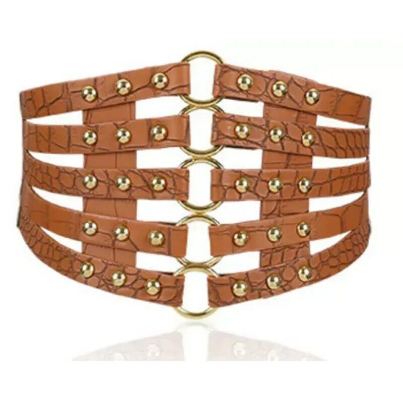 جديد ماركة تصميم Vintage حلقة معدنية حزام الذهب السيدات النساء أحزمة الإناث موضة برشام واسعة الخصر مطاطا 5 الأشرطة بولي Belt حزام
