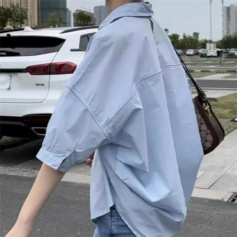 Cotton Shirt Women Summer Thin Wild Fashion Vintage Tops Loose Casual Female Elegant Korea Blouse Solid Short Sleeve
