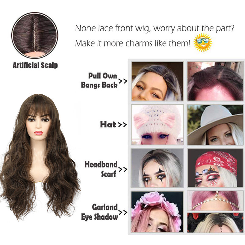Synthetic Wavy Wig With Bangs Long Wavy Soft Natural Looking Wig Hairline SOKU Dark Brown Heat Resistant Hair For White Women