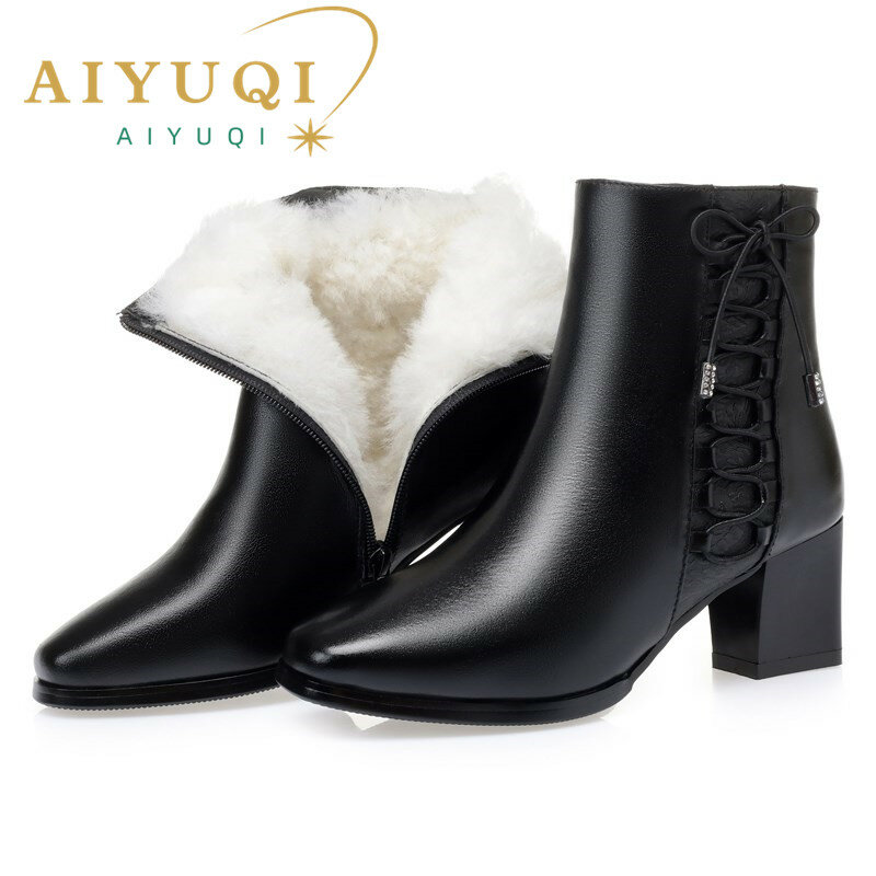 AIYUQI النساء أحذية بوت قصيرة جلد طبيعي الصوف 2021 جديد الصوف الدافئة النساء أحذية الشتاء منتصف كعب النساء أحذية أنيقة الأحذية