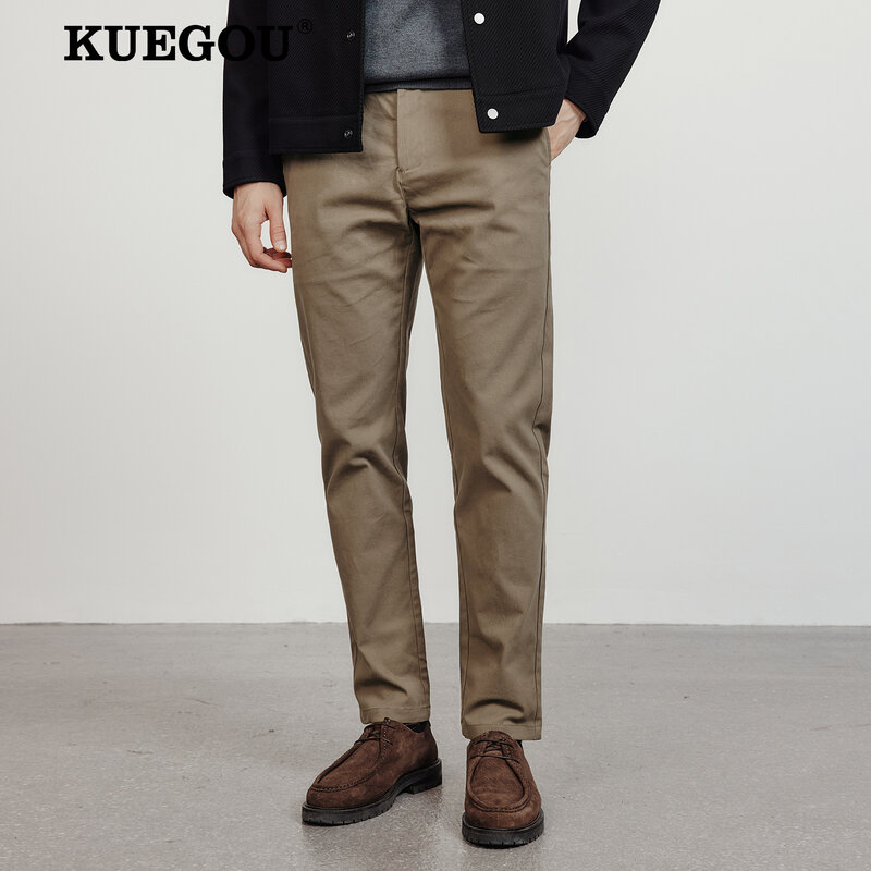 KUEGOU 2022 خريف جديد الرجال السراويل المستقيمة سميكة الوزن الثقيل النسيج 300g/㎡ تمتد عادية الكاكي الكاحل طول بنطلون 7102