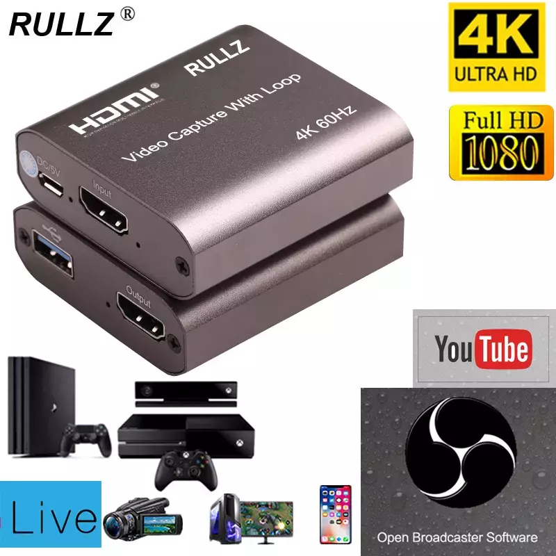 4K 60hz حلقة HDMI بطاقة التقاط الصوت والفيديو بلاسا دي تسجيل الفيديو لوحة البث المباشر USB 2.0 3.0 1080p المنتزع ل PS4 لعبة DVD كاميرا