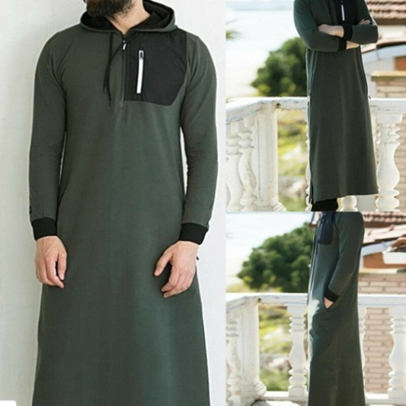 2PCS Mens Muslim Clothing Saudi Arab Long Sleeve Thobe Islamic Kaftan Robe Suits 