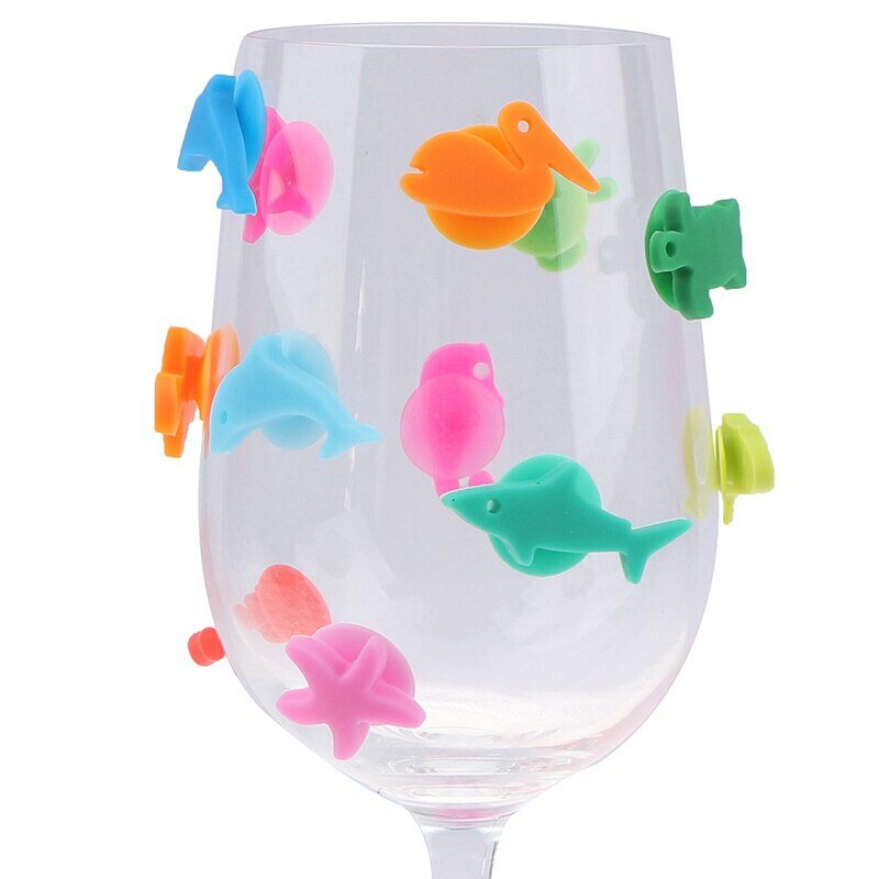 12 قطعة/مجموعة من سيليكون البحرية الحيوان كأس النبيذ ماركر مختلط اللون البحرية الحيوان كأس النبيذ ملصقات