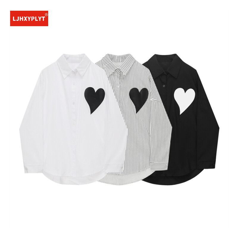 واحدة الصدر Vintage القلب طباعة مخطط أسود أبيض طويل الأكمام قميص المرأة الربيع بلوزة فضفاضة الإناث سترة محايدة