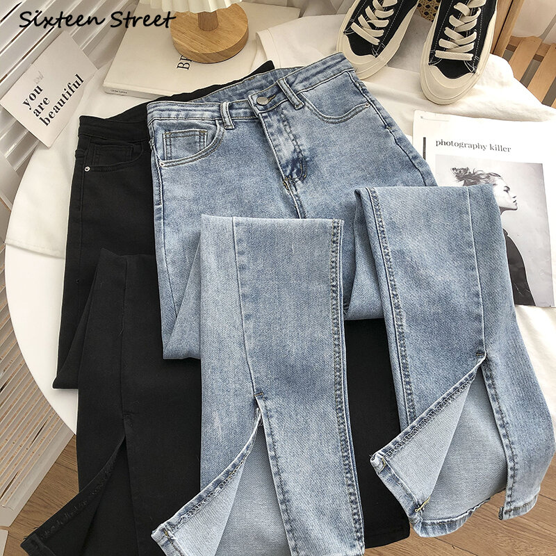 بنطلون جينز مطاط من Streetwear للسيدات بخصر عتيق وضيق باللون الأزرق بتصميم كوري أنيق وباللون الرمادي سروال جينز من الأسفل للسيدات