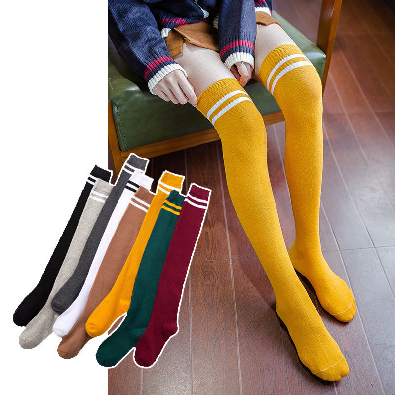 متعدد الألوان موضة الجوارب المدرسية مثير الجوارب مخطط جوارب الفخذين الدافئة عالية الركبة الجوارب جوارب طويلة الفتيات السيدات مثير أسود