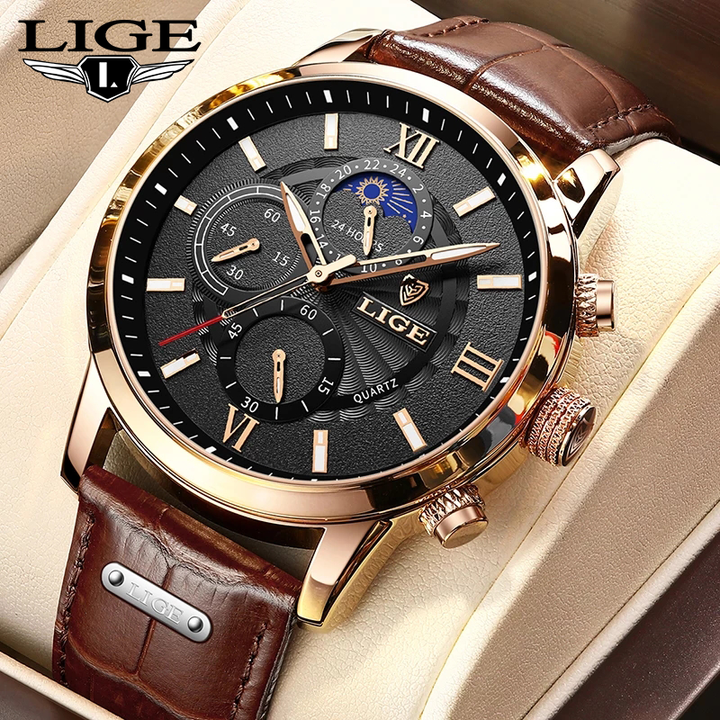 LIGE ساعة كوارتز للرجال العلامة التجارية الفاخرة ساعة اليد جلدية مقاوم للماء مضيئة القمر المرحلة ساعة ساعة Relogio Masculino