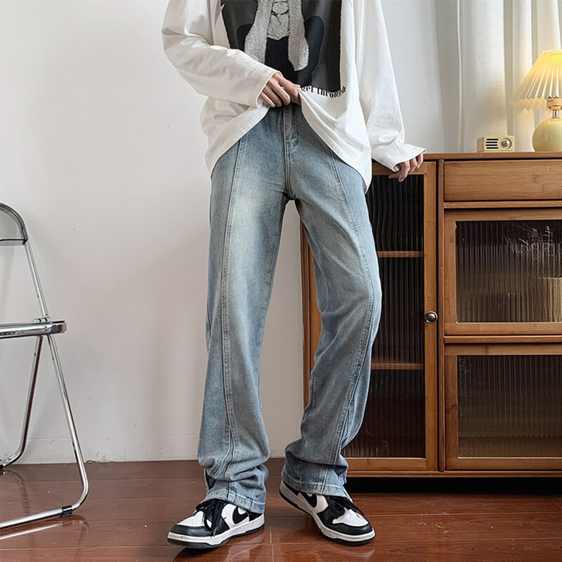بنطلون جينز عالي الشارع Y2K للرجال لون بني بأرجل واسعة من قماش الدنيم فضفاض غير رسمي نمط الهيب هوب بنطلون مستقيم على الطراز الأمريكي