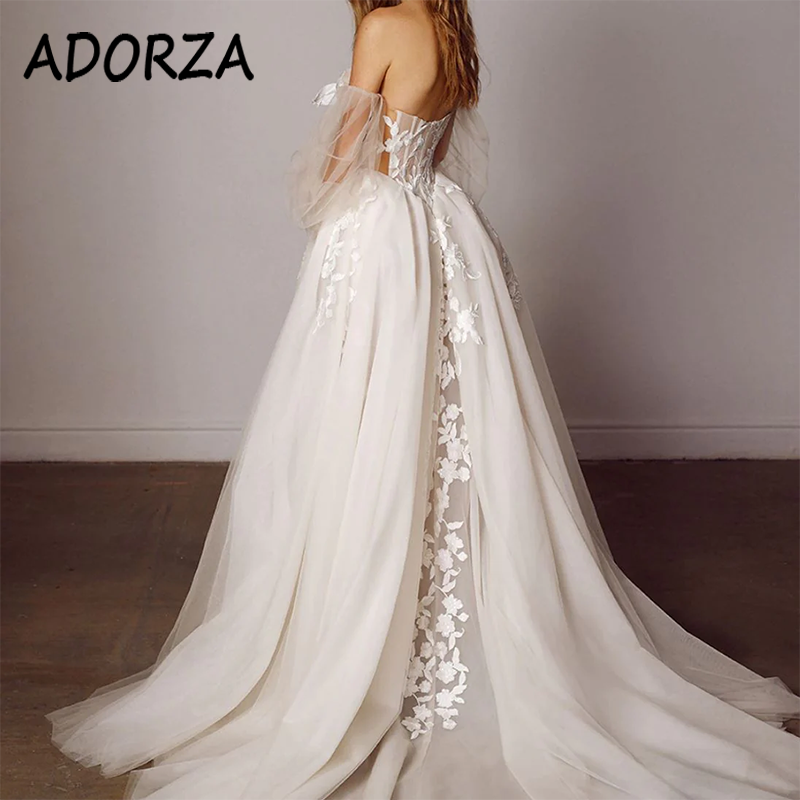 أدورزا-فستان زفاف أنيق بأكمام طويلة مع زينة دانتيل ، فستان زفاف مقطوع ، ذيل محكمة ، فستان العروس