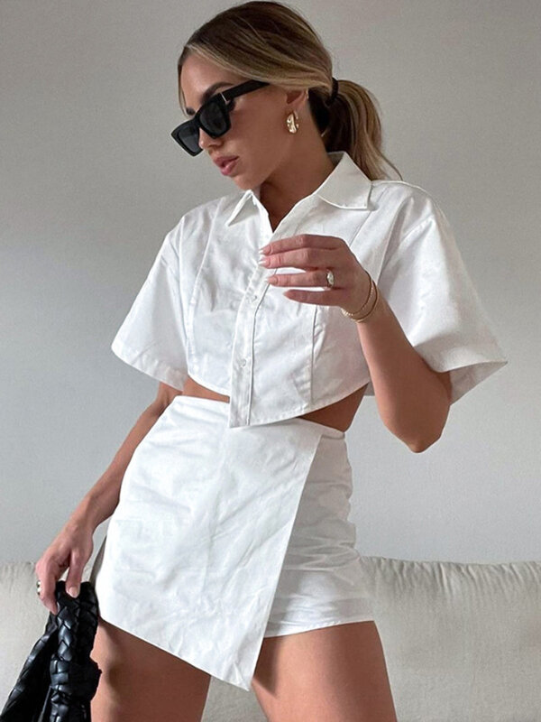 2022 Summer New French Fashion Stitching Leisure Suit White Skirt Shirt 2 Piece Shorts Suit Women's Dress Casual  Sets Outfit