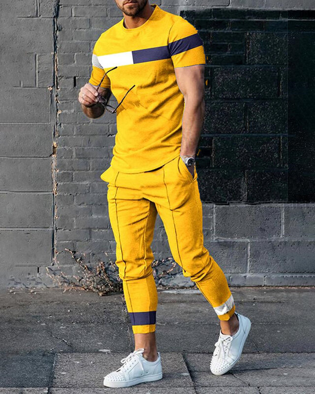 2023 أزياء الرجال التي شيرت دعوى رياضية ثلاثية الأبعاد المطبوعة ملابس رياضية قصيرة الأكمام الشارع الشهير تي شيرت السراويل الطويلة 2 قطعة مجموعة