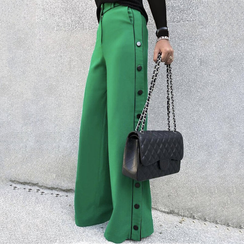بنطال نسائي خريفي من yeezi سروال عصري بلون أخضر بخصر عالٍ بأرجل واسعة وحضري بخط H-بلون واحد للنساء جديد لعام 2022