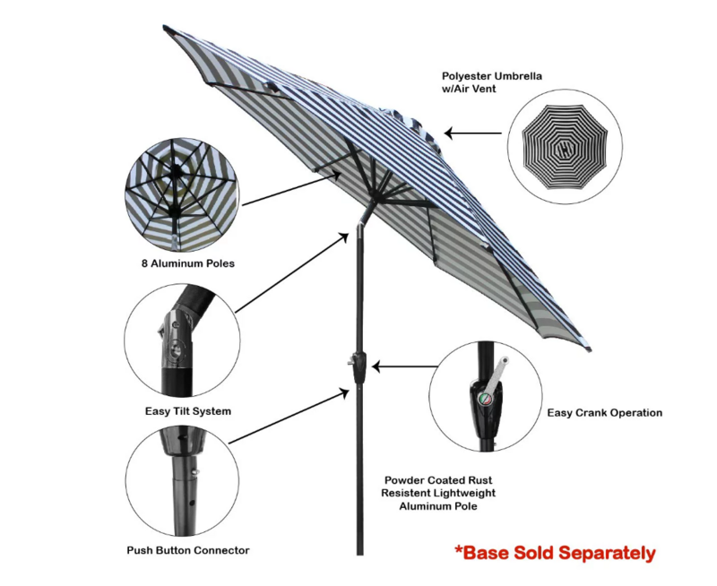 9ft مظلة فناء الألومنيوم في الهواء الطلق ، مظلة السوق المستديرة مع إمالة زر الضغط Crank للظل ، مخطط أبيض وأسود