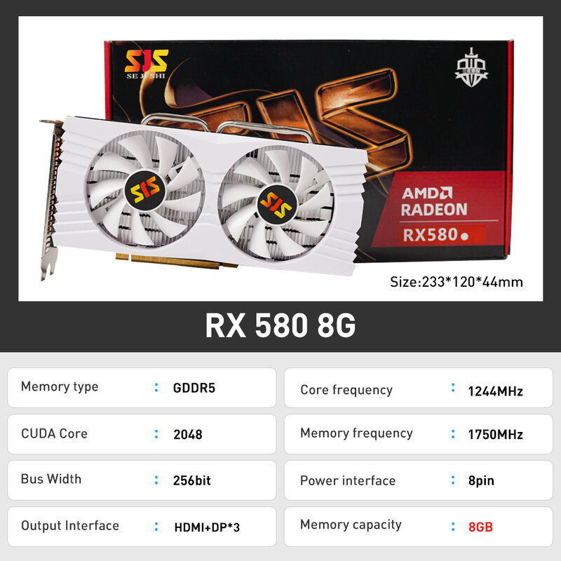 بطاقة ألعاب SJS RX 580 سعة 8 جيجابايت 2048SP 256Bit GDDR5 بطاقة ألعاب بلاسا دي فيديو AMD Radeon RX580 بطاقة فيديو رسومات ترويجية 8 جيجا للكمبيوتر HDMI DP #5