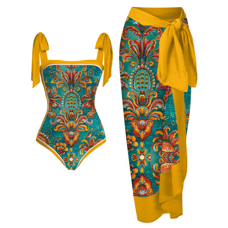 Tankini لباس سباحة نسائي لياقة بدنية نسائي أصفر مع تنورة ضيقة ضمادات صيف شاطئ 2022 طباعة فاخرة أنيقة عتيقة