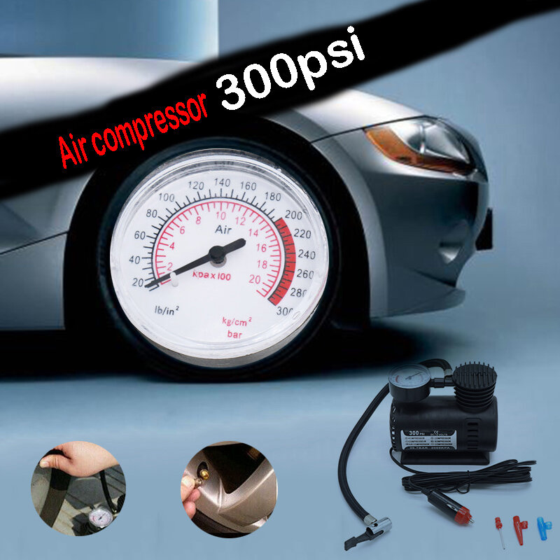 300PSI البسيطة الكهربائية منفاخ لإطارات السيارة المحمولة ضاغط هواء للسيارة مضخة مع قياس الضغط و محولات فوهة