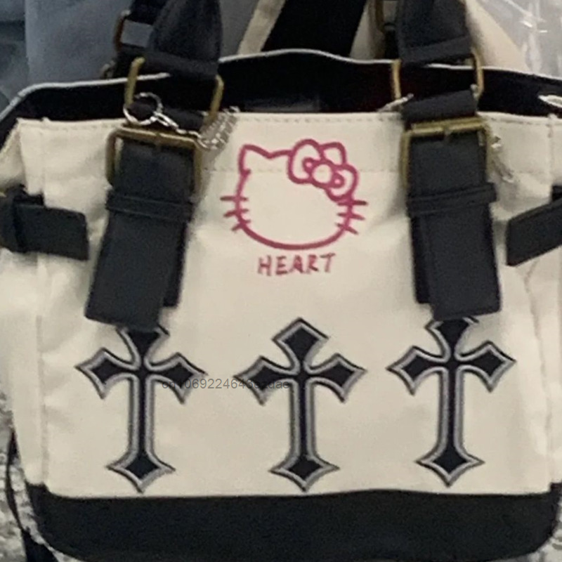 مرحبا كيتي حمل حقائب كتف المرأة خمر الجمالية Harajuku حقائب اليد لفتاة Y2k عادية سعة كبيرة قماش حقائب الظهر Y2k
