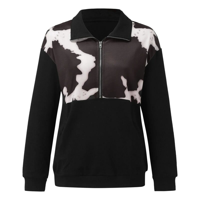 Spring Autumn Women's Sweatshirt Cow Printed Long Sleeve Zipper Collar Pullover Sweatshirt Tops Fashion Long Sleeve Pullover Top