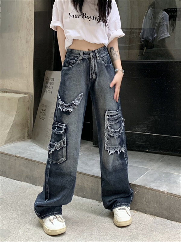 Washed Old Vintage Loose Blue Jeans Women's Summer Street Straight High Waist Wide Leg Burrs Denim Pants Female Trousers