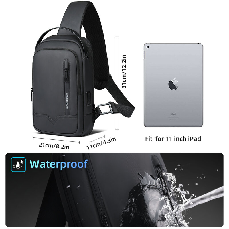HK الفاخرة حقيبة الكتف زوج مقاوم للماء الرجال الصدر حزمة ل 11 بوصة باد حقيبة كروسبودي الموضة للرجل مع منفذ شحن USB