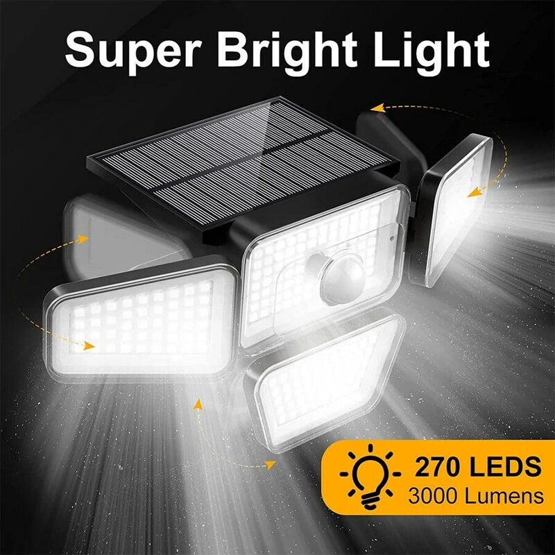 أضواء الشمسية في الهواء الطلق 188 LED استشعار الحركة الشمسية 2200LM 3 طرق مع 3 رؤساء قابل للتعديل IP65 مقاوم للماء الشمسية الأمن الجدار مصباح