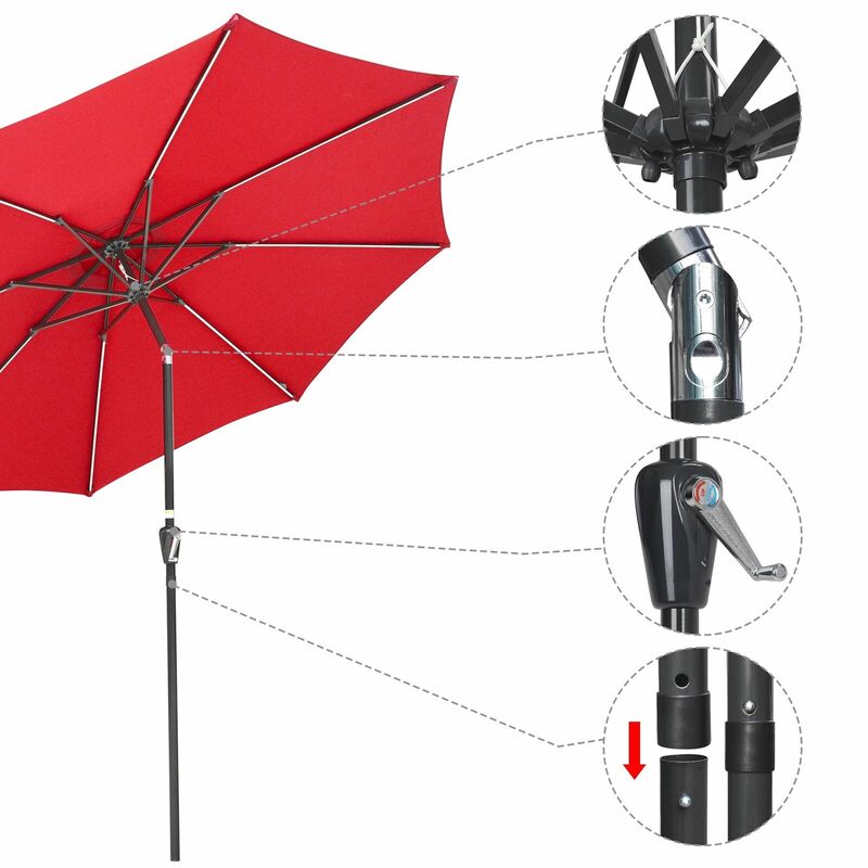 9ft متعددة الوظائف Alu 8 LED قطاع مظلة بمصابيح إضاءة البوليستر مظلة حمراء