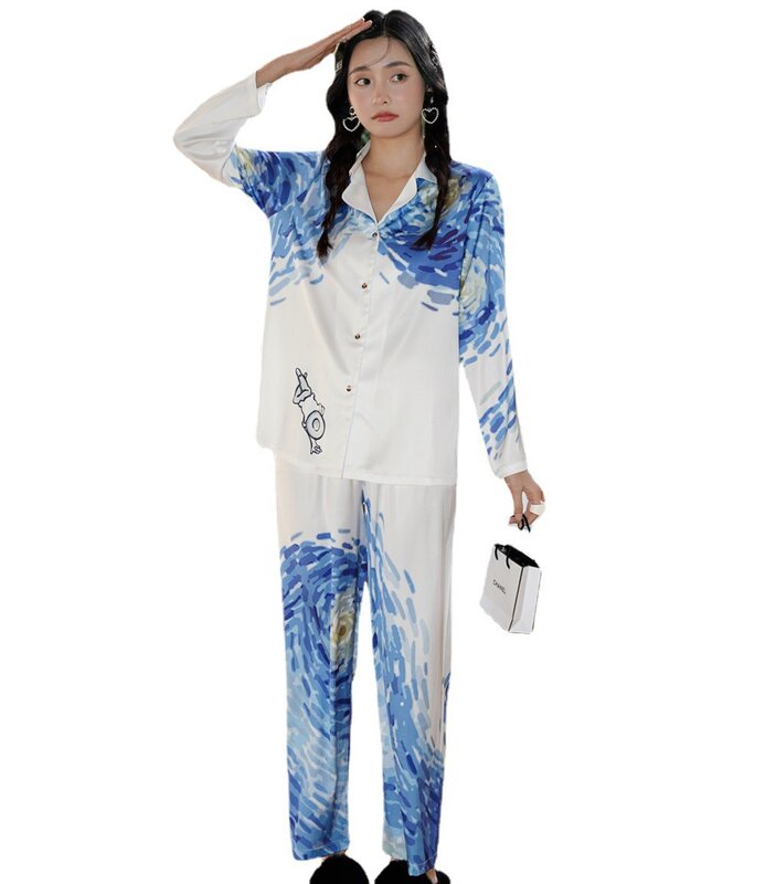 New ice silk pajamas women's heart bird print long-sleeved two-piece homewear pajamas for women  لانجري مثير
