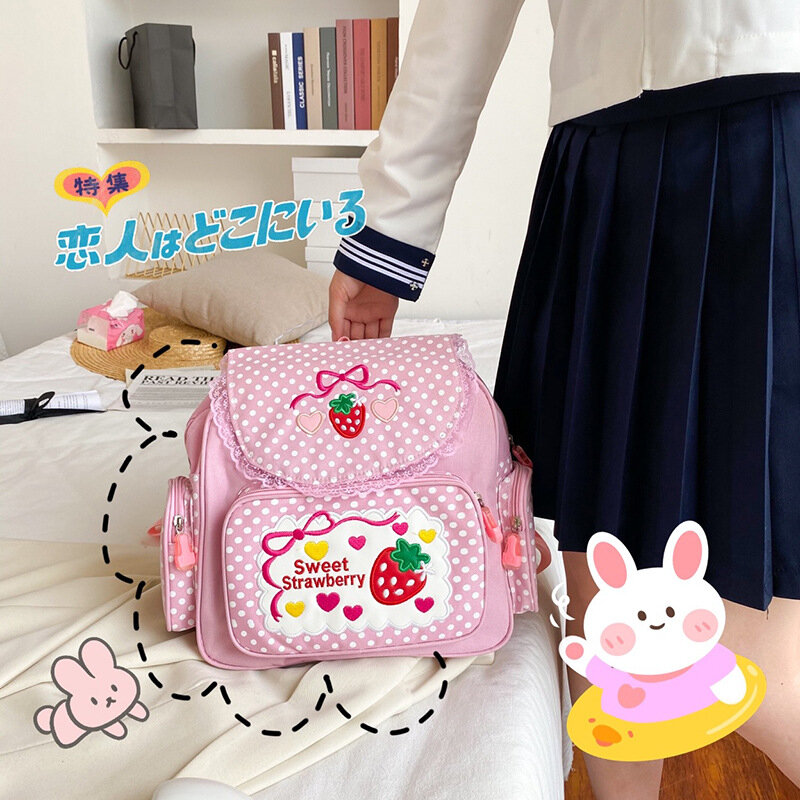 حقيبة ظهر شلو يابانية لطيفة للأطفال حقيبة ظهر حلوة جميلة مطرزة بالفاكهة والفراولة والدانتيل للطالبات حقيبة مدرسية للفتيات