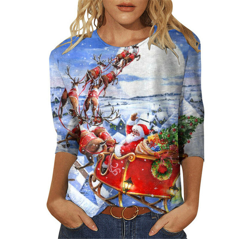 خريف 2022 السيدات تي شيرت عيد الميلاد ثلاثية الأبعاد الطباعة س الرقبة طويلة الأكمام موضة الهيب هوب ملابس الشارع الشهير ملابس عادية y2k camisetas