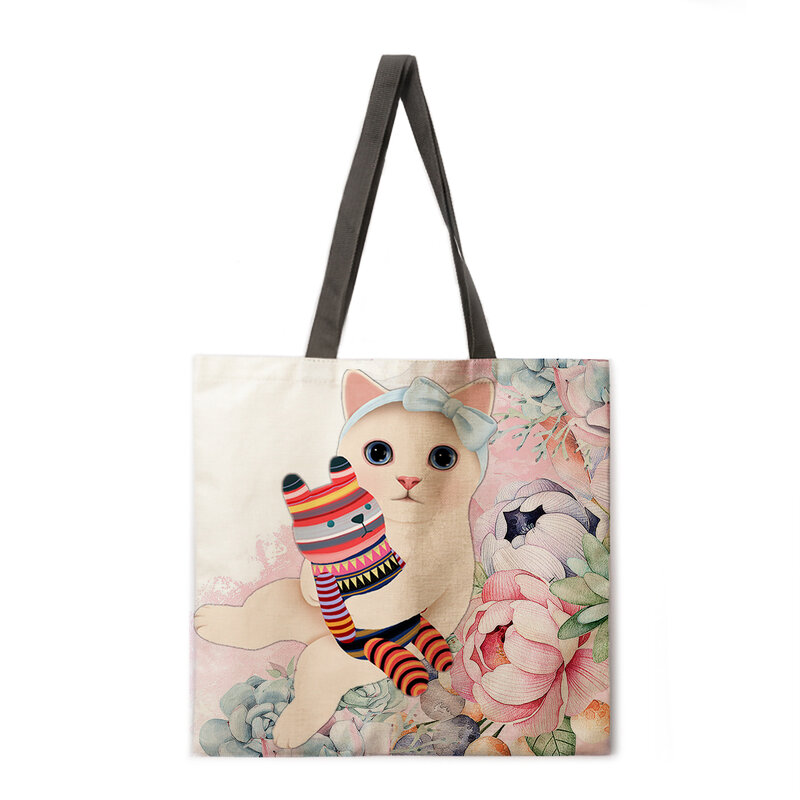 زهرة القط المرأة حقيبة شاطئية قابلة للطي حقيبة كتف حقيبة تسوق مطبوعة حقيبة الكتان عادية حمل قابلة لإعادة الاستخدام