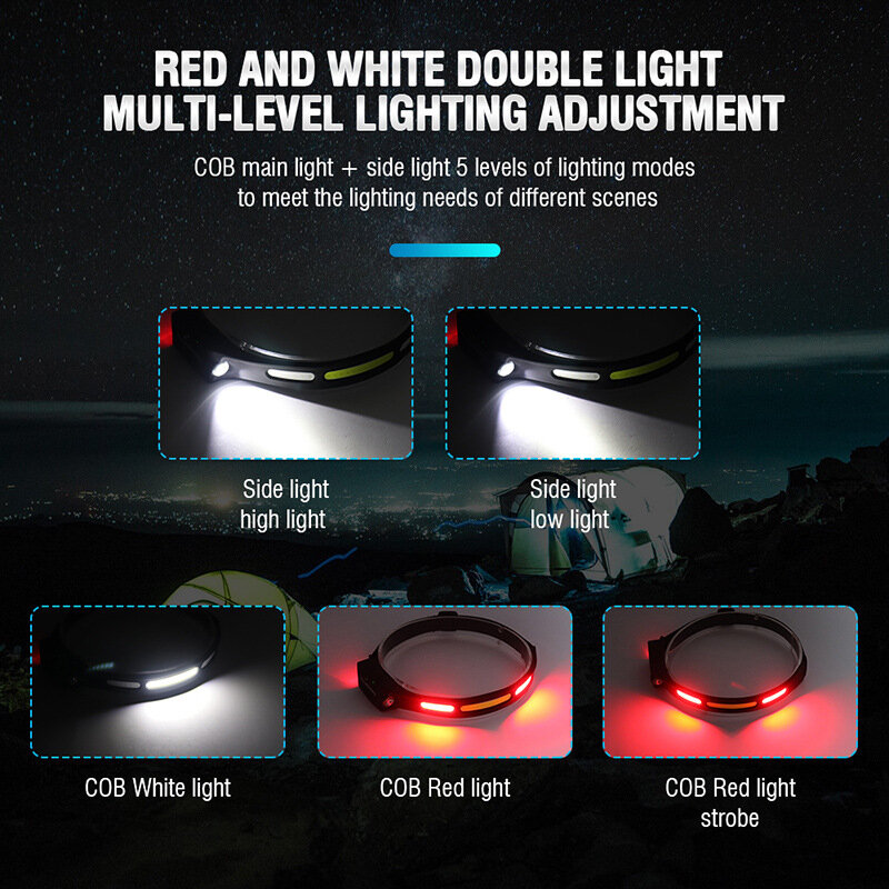 Xiwangfire جديد الاستشعار LED كشافات مع المدمج في بطارية الأحمر والأبيض ضوء المصباح USB الشعلة القابلة لإعادة الشحن 6 أوضاع الإضاءة