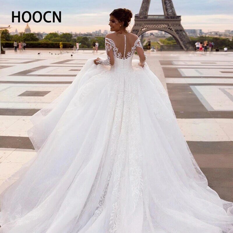 فستان زفاف كلاسيكي من HERBURNL بدون أكتاف شفاف ورقبة مستديرة مزينة بشكل شفاف فستان أميرة رائع للحفلات الراقصة #4