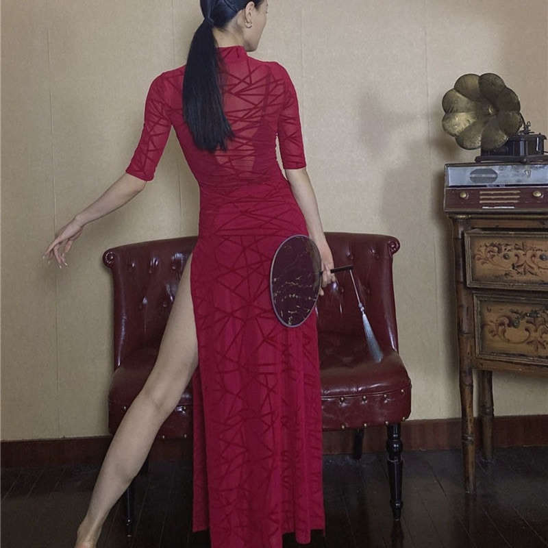 Three-quarter Sleeve High Elastic Dance Suit Cheongsam Dress for Dance Lace on Side Flower Improved Cheongsam Slim Slit Dress