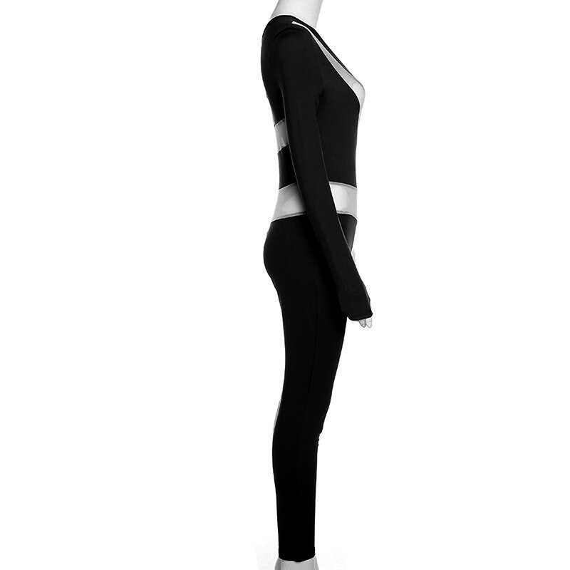 FTS الصيف الجوف خارج شبكة تصميم المرأة بذلة مثير Bodycon انظر من خلال كتف واحد أكمام طويلة للسيدات أنيقة طويلة رومبير