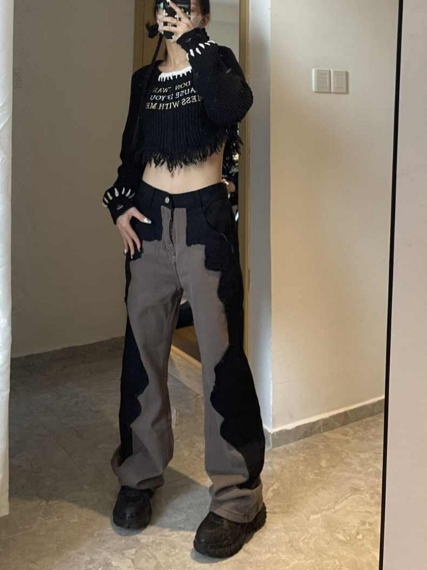 سراويل جينز حريمي بتصميم صغير مربوطة عالية الشارع سراويل موضة أمريكية للنساء في الخريف والشتاء جينز فضفاض بأرجل واسعة