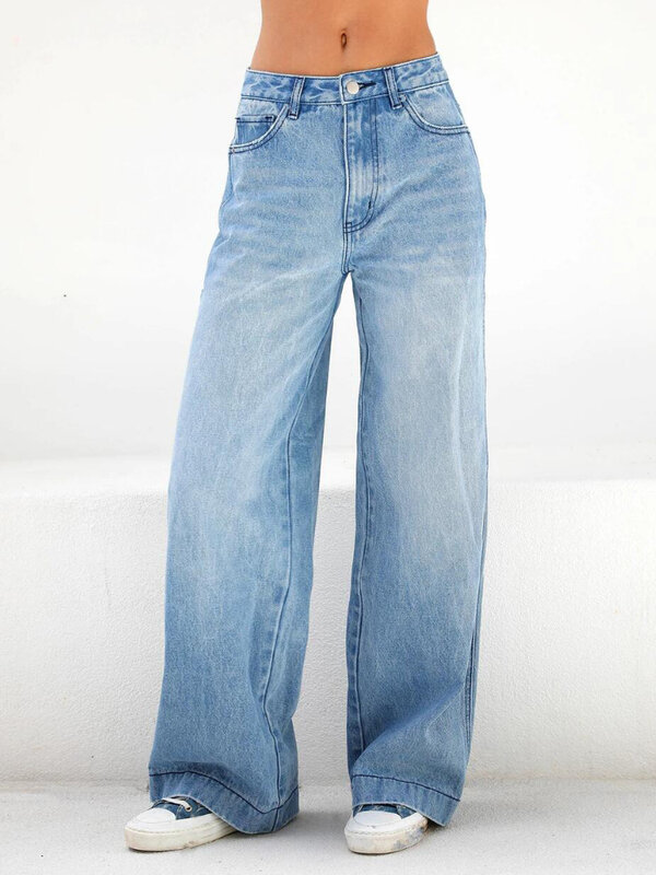 سراويل جينز نسائية غير رسمية ساقطة عالية الخصر من قماش الدنيم الفضفاض سراويل زرقاء عتيقة بناطيل مستقيمة كبيرة الحجم