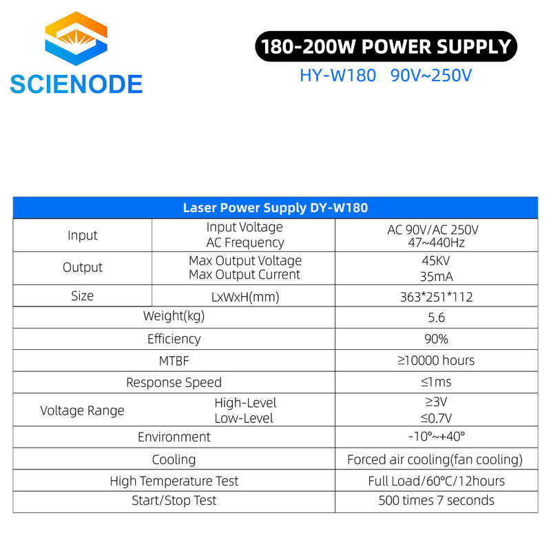 Scienode 180 واط CO2 ليزر امدادات الطاقة HY-W180 110 فولت/220 فولت 150-180 واط ل CO2 النقش بالليزر آلة قطع