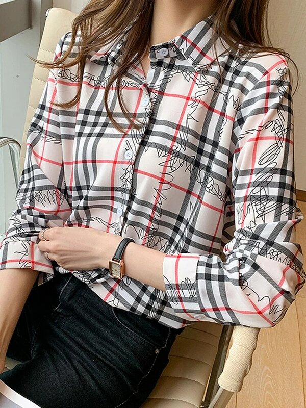 الكلاسيكية منقوشة قميص المرأة الكورية موضة لينة النسيج منقوشة بأكمام طويلة الشيفون قميص المرأة القمم زر حتى Blusas Muje الربيع