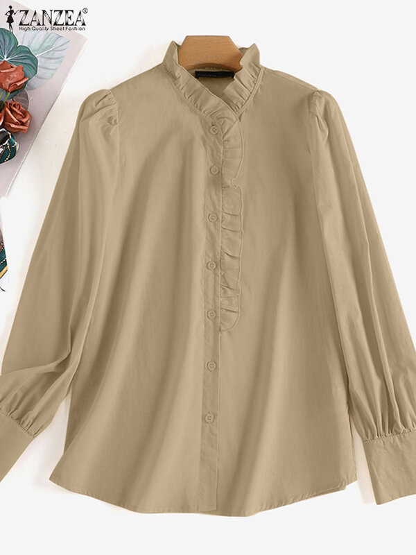 ZANZEA موضة الخريف كم طويل بلايز تيز للنساء الصلبة مطوي قمصان عادية الصلبة أنيقة الكشكشة طوق Blusas Feminias