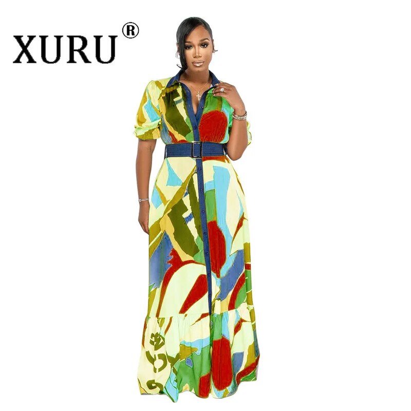 XURU Summer New Women's Print Dress, V-Neck Button Panel Multicolor Dress