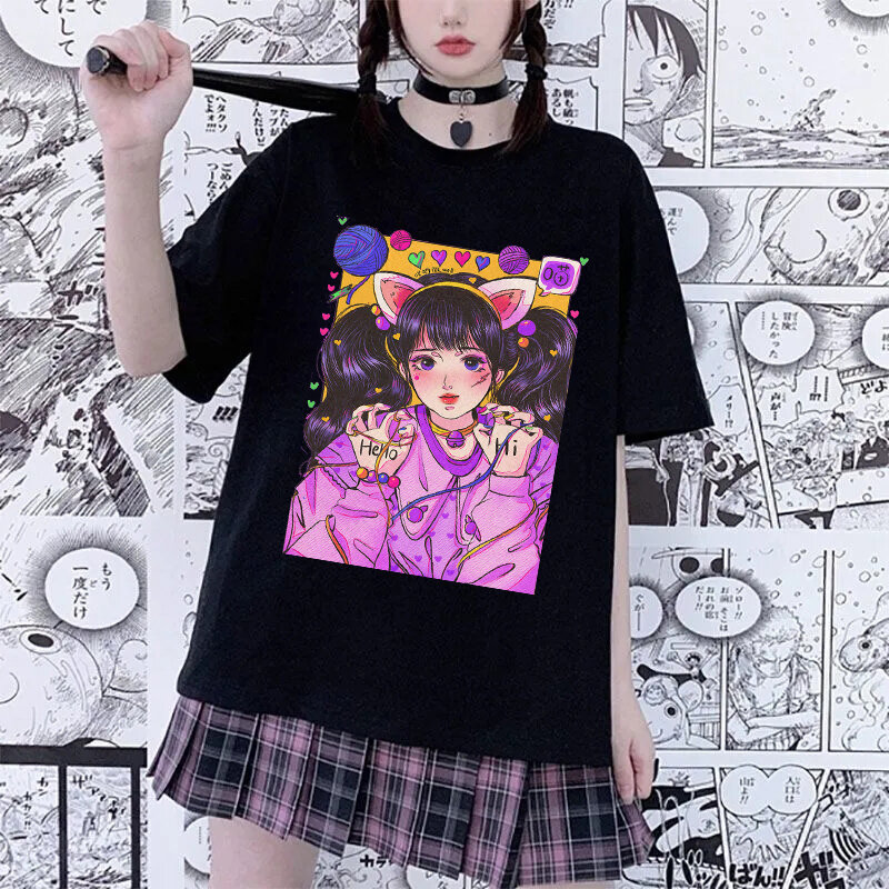 Oversized T Shirt Harajuku Aesthetic Gothic Punk Cartoon Print Short Sleeve Women T-Shirts Summer Hip Hop Loose Streetwear Tops