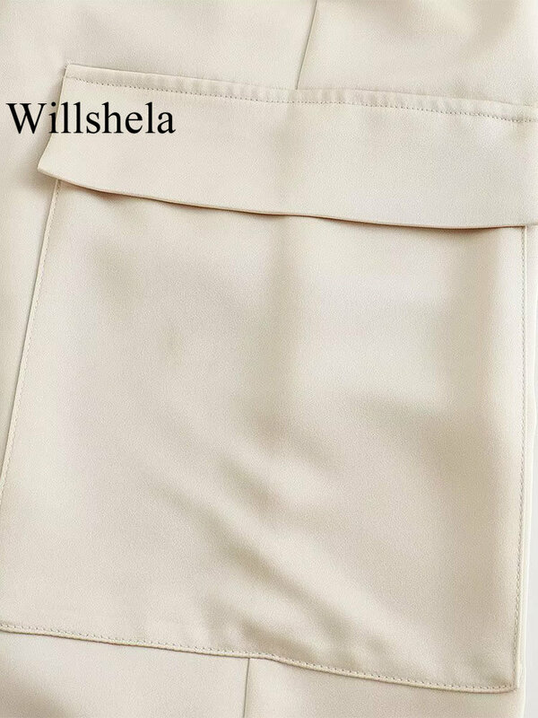 Willshela النساء الموضة مع جيوب البيج الجبهة زيبر واسعة الساق السراويل خمر عالية الخصر الإناث شيك سيدة بنطلون