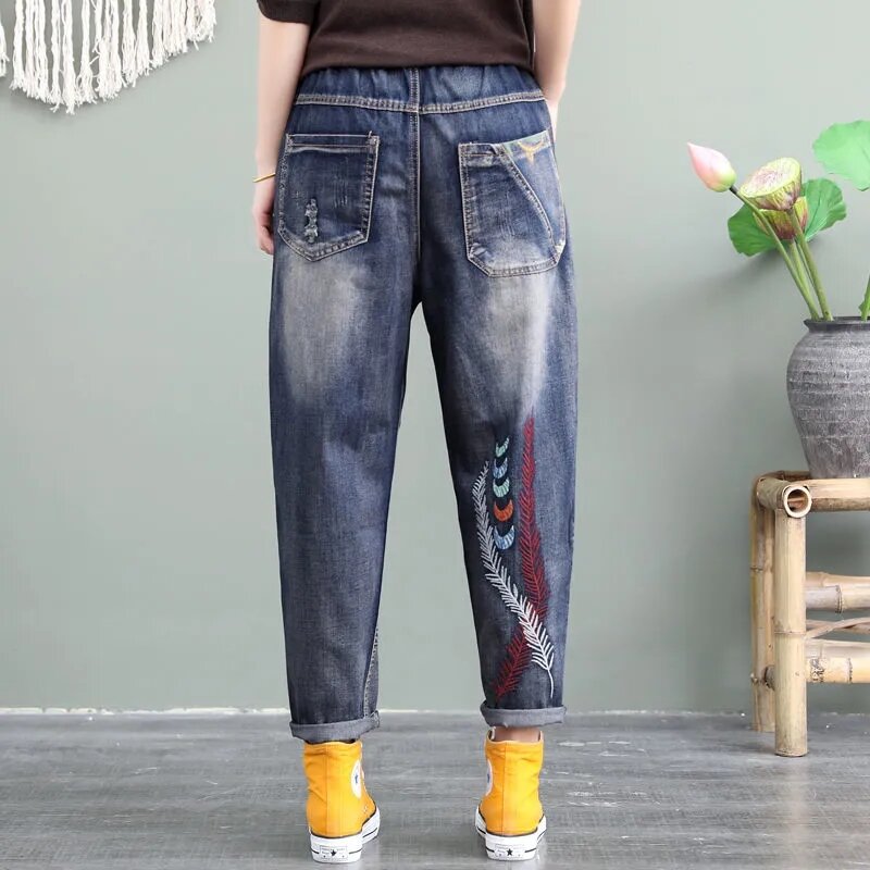 سروال جينز عالي الخصر مطرز بمقاسات كبيرة 5XL سروال جينز ربيعي فضفاض غير رسمي من قماش الدنيم ملابس غير رسمية موضة كورية جديد Vaqueros
